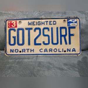 North Carolina Weighted Personalized "GOT2SURF" License Plate Expired March 2013